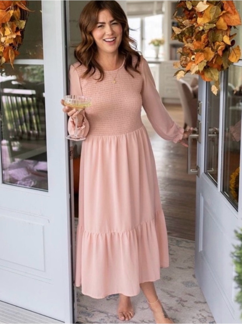 Smocked Bodice Blush Pink Maxi Dress with Long Sleeves